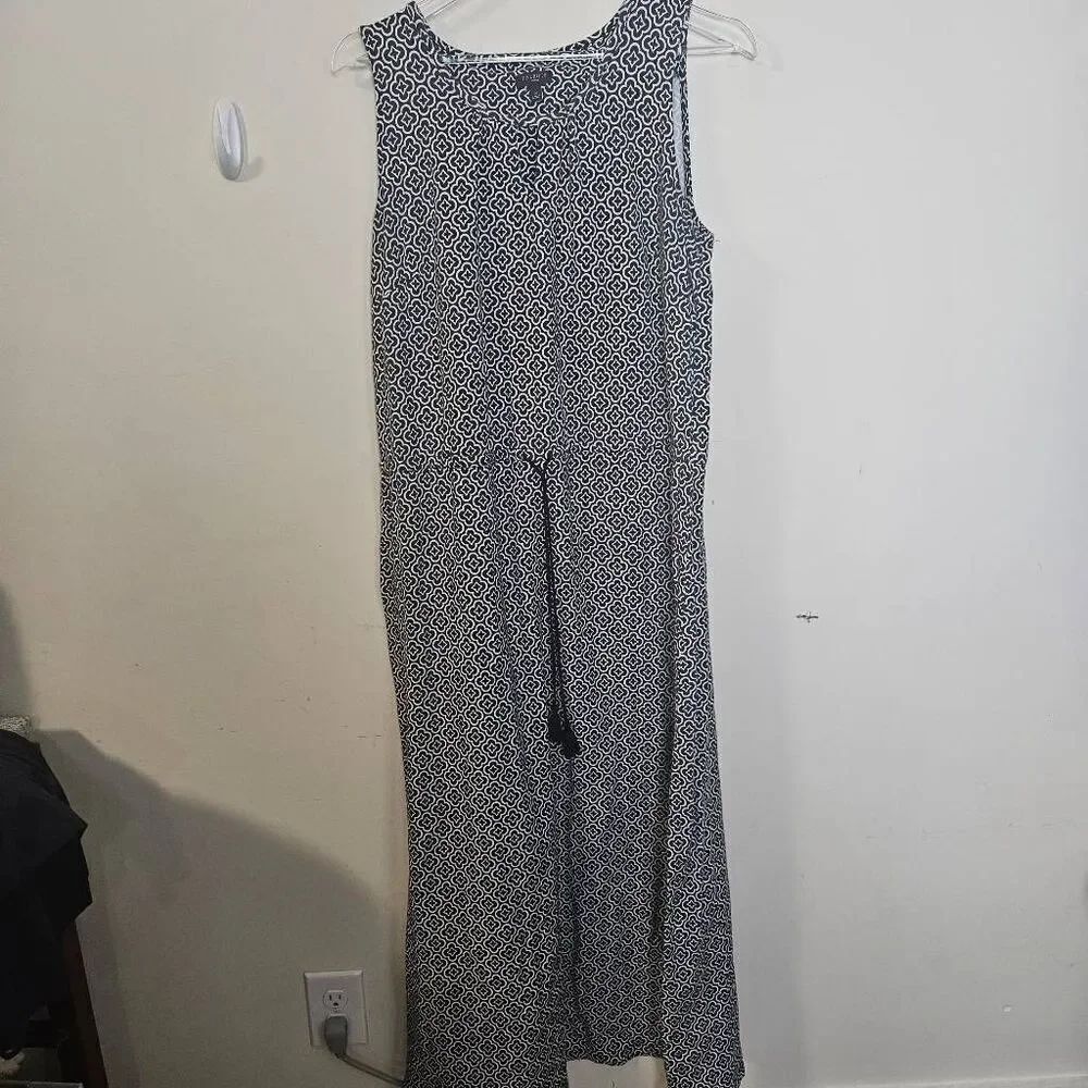 Talbots Maxi Dress Women's 1X Black White Sleeveless Drawstring Stretch Long